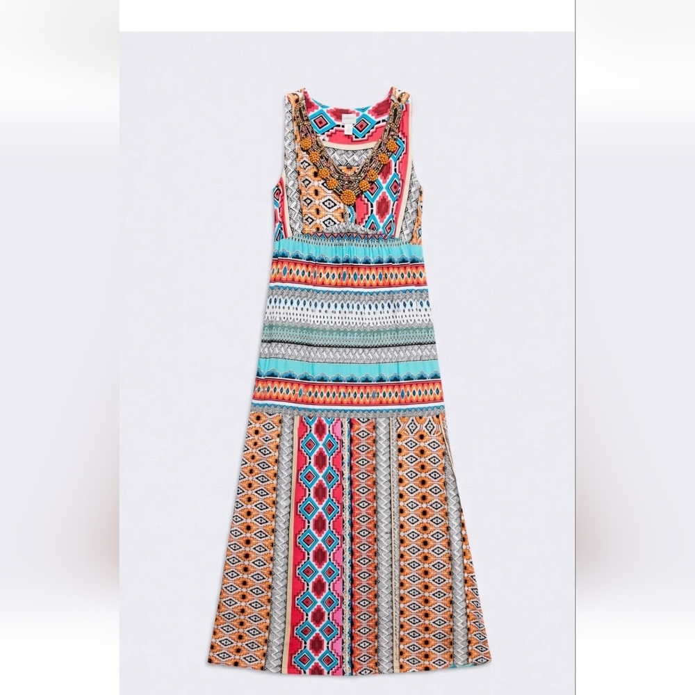 Chico’s Maxi Dress Size 1 Medium Multicolor Boho Tribal Print Beaded Neckline